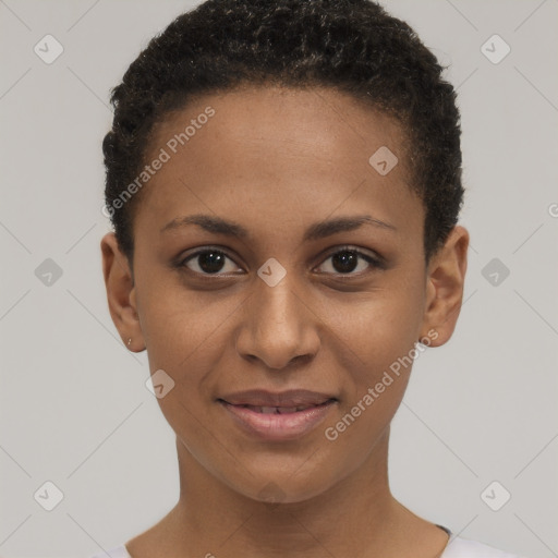 Joyful black young-adult female with short  brown hair and brown eyes