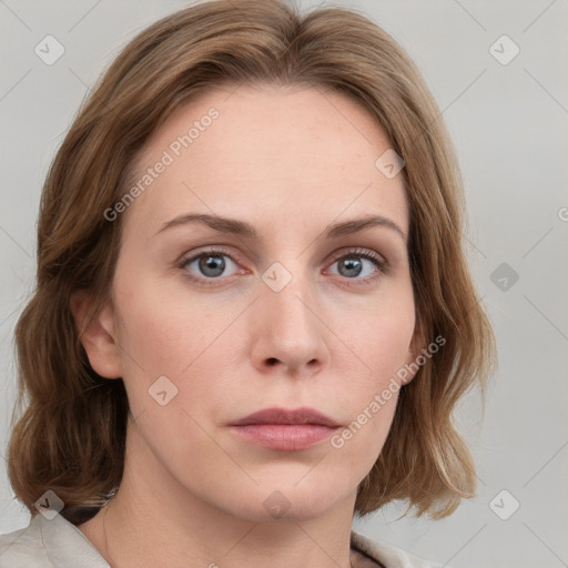 Neutral white young-adult female with medium  brown hair and grey eyes