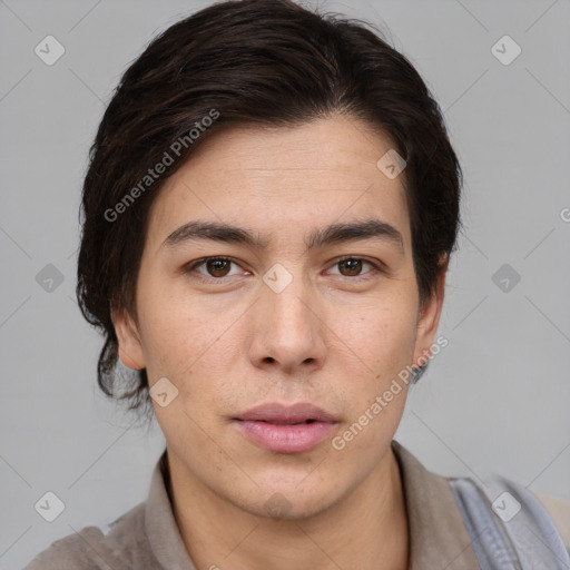 Neutral white young-adult male with short  brown hair and brown eyes