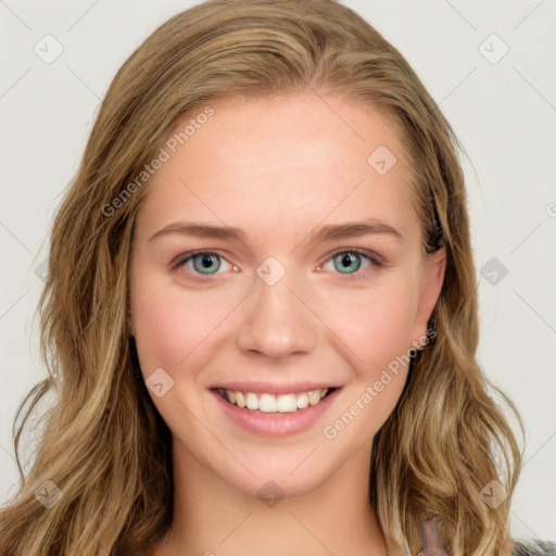 Joyful white young-adult female with long  brown hair and green eyes