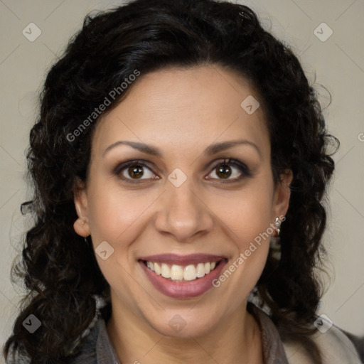 Joyful latino young-adult female with long  brown hair and brown eyes