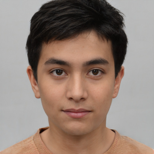 Neutral white young-adult male with short  black hair and brown eyes