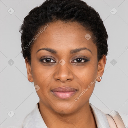 Joyful black young-adult female with short  black hair and brown eyes