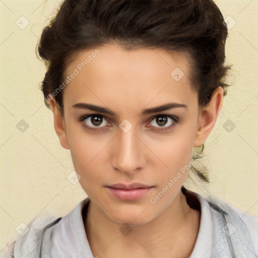 Neutral white young-adult female with short  brown hair and brown eyes