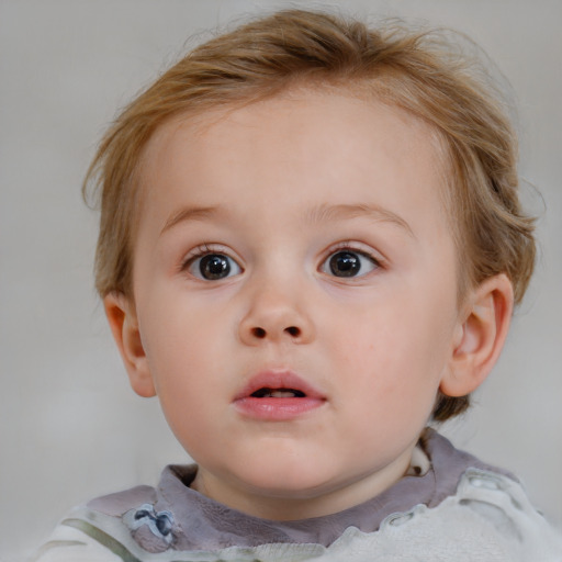 Neutral white child female with medium  brown hair and blue eyes