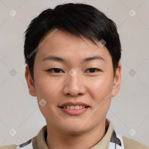 Joyful asian young-adult female with short  brown hair and brown eyes