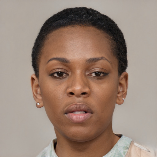Neutral black young-adult female with short  black hair and brown eyes