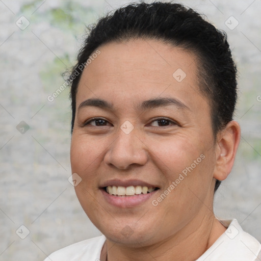 Joyful white adult female with short  brown hair and brown eyes