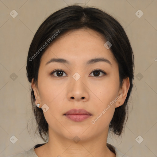 Neutral asian young-adult female with medium  brown hair and brown eyes