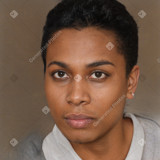 Neutral black young-adult female with short  black hair and brown eyes