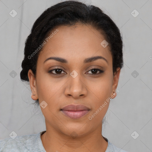 Joyful latino young-adult female with short  black hair and brown eyes