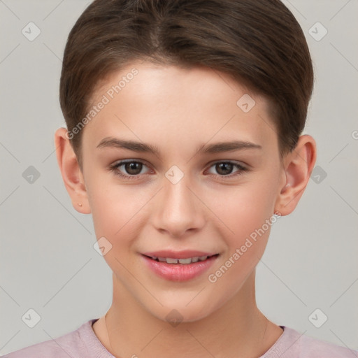 Joyful white child female with short  brown hair and brown eyes