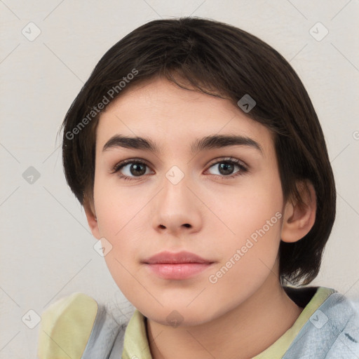 Neutral white young-adult female with medium  brown hair and brown eyes