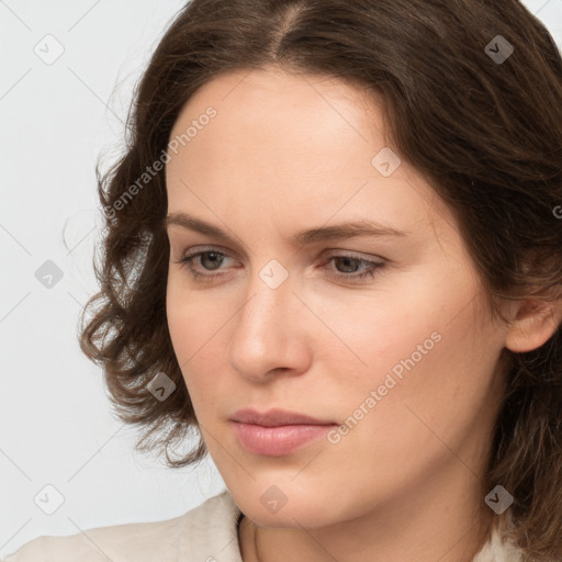 Neutral white young-adult female with medium  brown hair and brown eyes