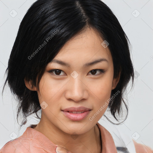 Joyful asian young-adult female with medium  black hair and brown eyes