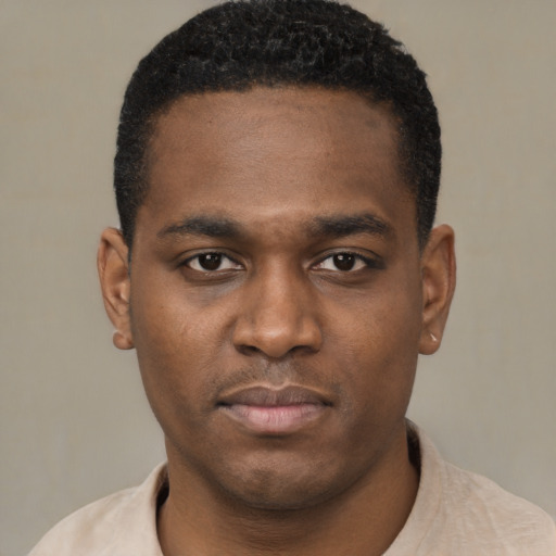 Neutral black young-adult male with short  black hair and brown eyes