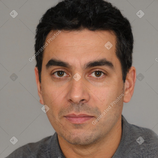 Neutral white adult male with short  black hair and brown eyes