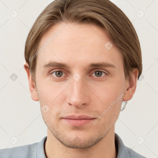 Neutral white young-adult male with short  brown hair and grey eyes