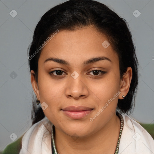 Joyful latino young-adult female with medium  brown hair and brown eyes