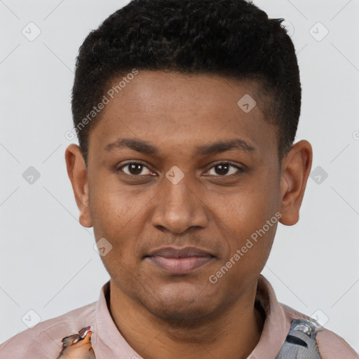 Joyful latino young-adult male with short  brown hair and brown eyes