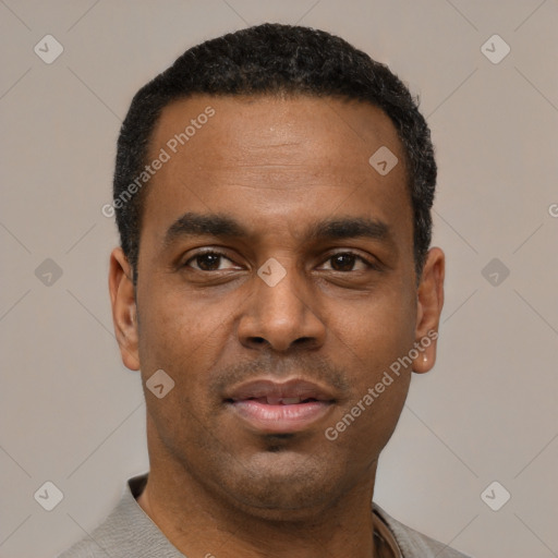 Neutral black young-adult male with short  black hair and brown eyes