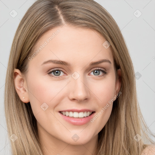 Joyful white young-adult female with long  brown hair and grey eyes