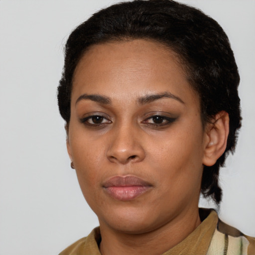 Neutral black young-adult female with short  black hair and brown eyes