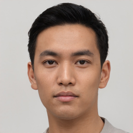 Neutral asian young-adult male with short  black hair and brown eyes