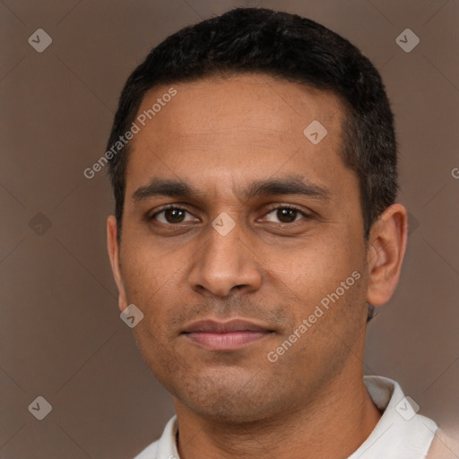 Neutral white young-adult male with short  black hair and brown eyes