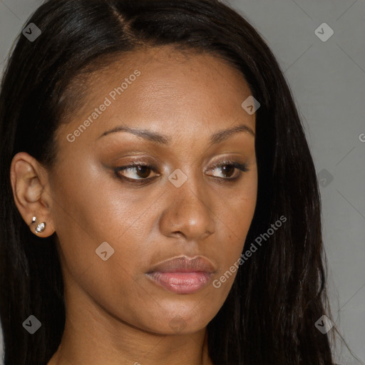 Neutral black young-adult female with long  brown hair and brown eyes