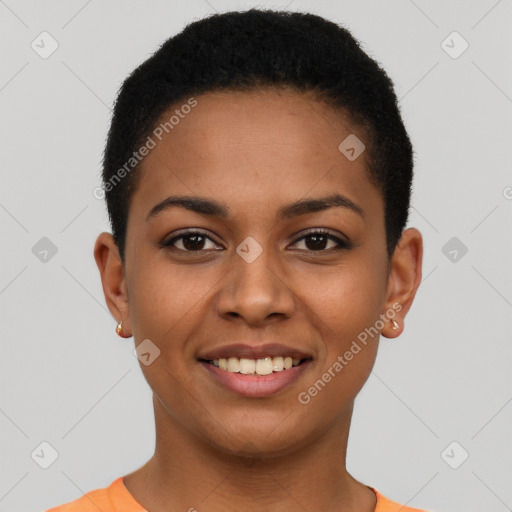 Joyful latino young-adult female with short  brown hair and brown eyes