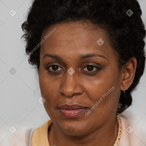 Joyful black adult female with short  brown hair and brown eyes