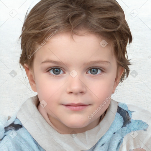 Neutral white child female with medium  brown hair and blue eyes