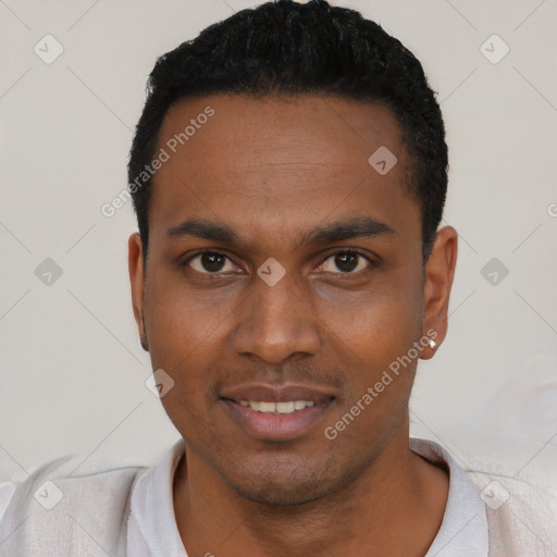 Neutral black young-adult male with short  black hair and brown eyes