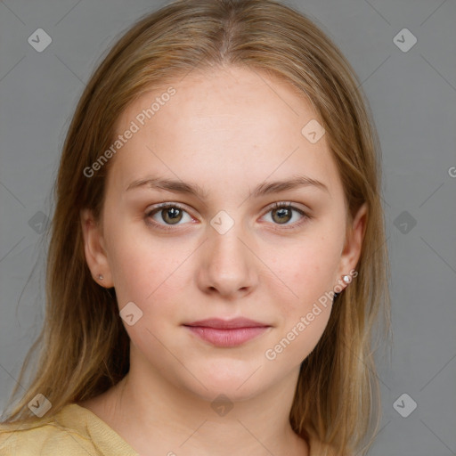 Joyful white young-adult female with medium  brown hair and blue eyes