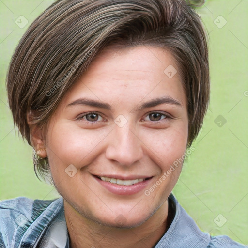 Joyful white young-adult female with medium  brown hair and brown eyes