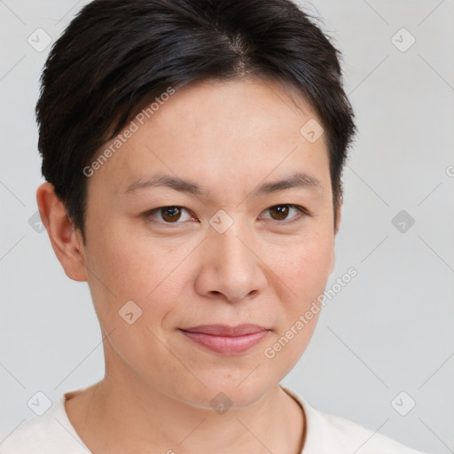 Joyful white young-adult female with short  brown hair and brown eyes