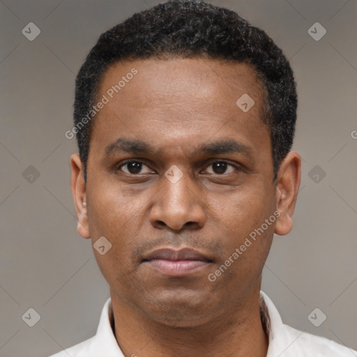 Neutral latino adult male with short  black hair and brown eyes