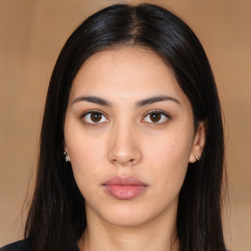 Neutral asian young-adult female with long  brown hair and brown eyes