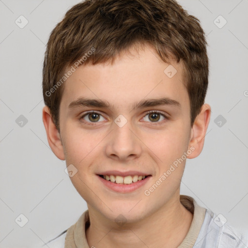 Joyful white child male with short  brown hair and brown eyes