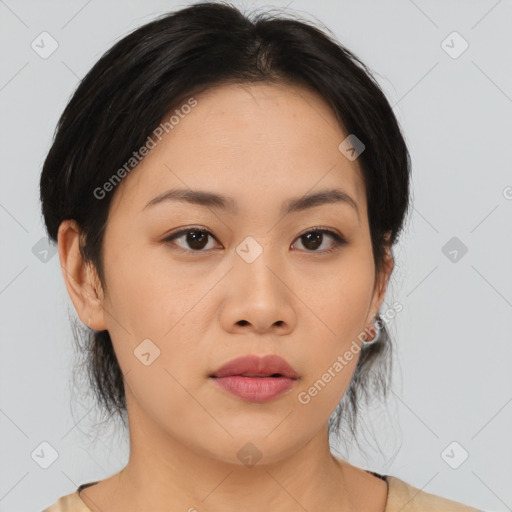 Neutral asian young-adult female with medium  black hair and brown eyes