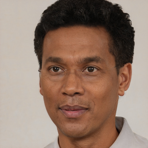 Joyful black adult male with short  black hair and brown eyes