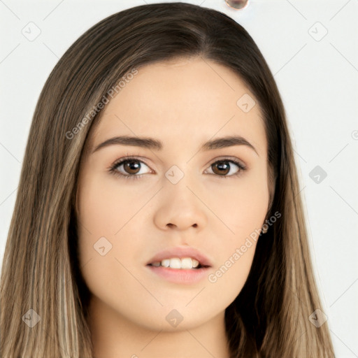 Neutral white young-adult female with long  brown hair and brown eyes