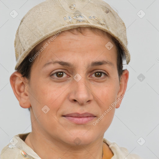 Joyful white adult female with short  brown hair and brown eyes