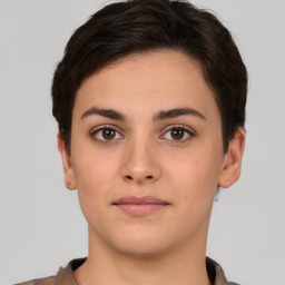 Neutral white young-adult female with short  brown hair and brown eyes