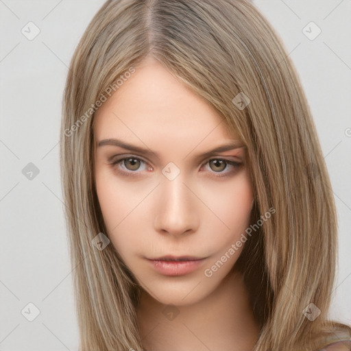 Neutral white young-adult female with long  brown hair and brown eyes