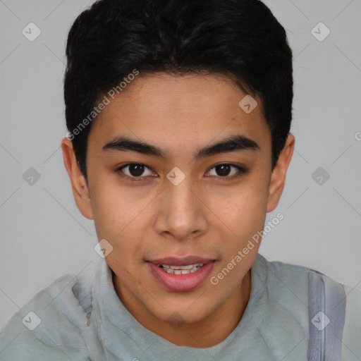 Joyful latino young-adult female with short  black hair and brown eyes