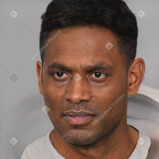 Neutral latino adult male with short  black hair and brown eyes