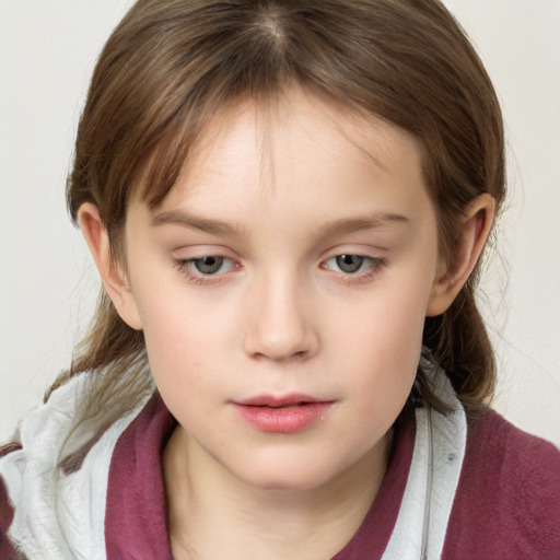 Neutral white child female with medium  brown hair and grey eyes