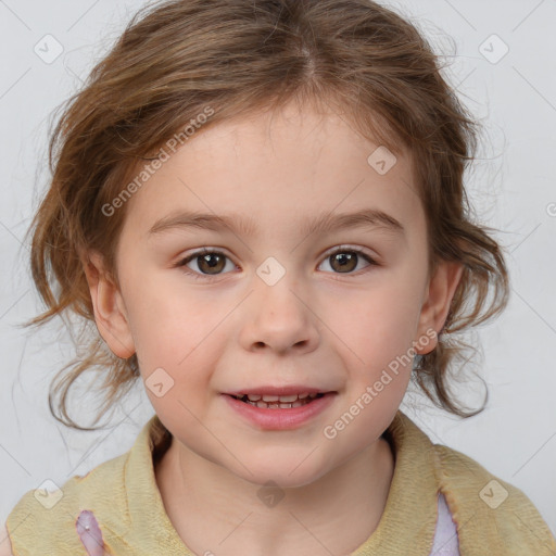 Joyful white child female with medium  brown hair and brown eyes